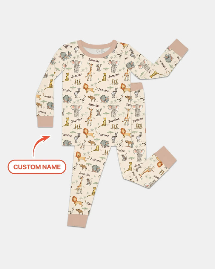 Safari Friends Custom Name Bamboo Two Piece Long Sleeve Pajama Set