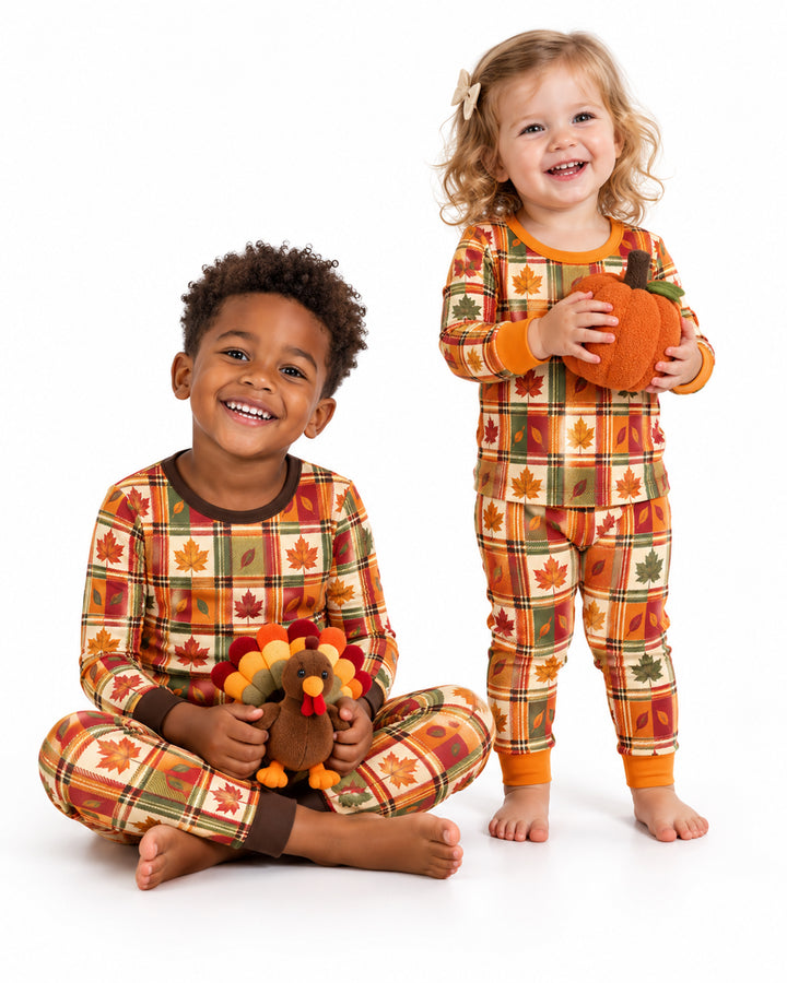 Maple Leaf Fall Vintage Plaid Bamboo Two Piece Long Sleeve Pajama Set