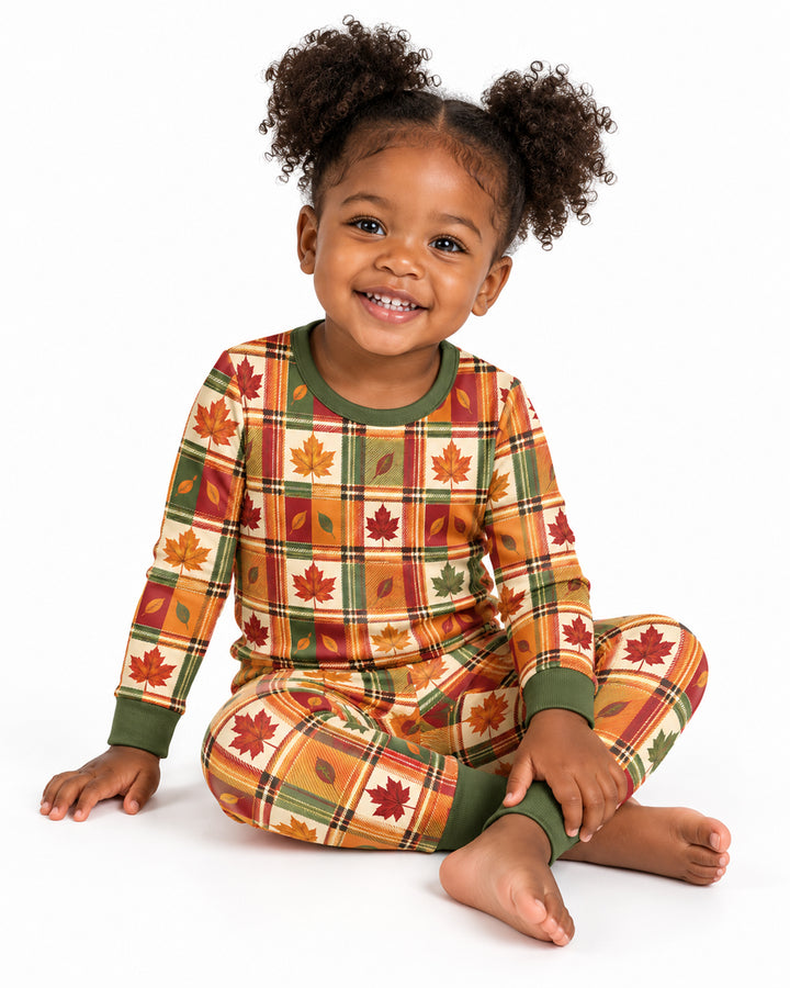 Maple Leaf Fall Vintage Plaid Bamboo Two Piece Long Sleeve Pajama Set