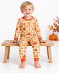 Cute Fall Pumpkin Leaves Gingham Bamboo Two Piece Long Sleeve Pajama Set
