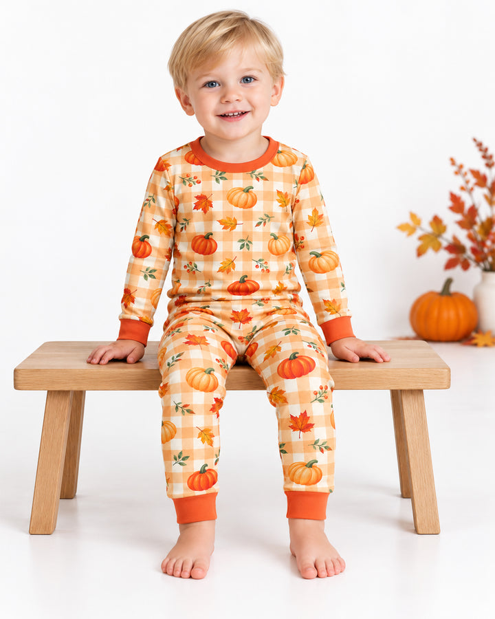 Cute Fall Pumpkin Leaves Gingham Bamboo Two Piece Long Sleeve Pajama Set