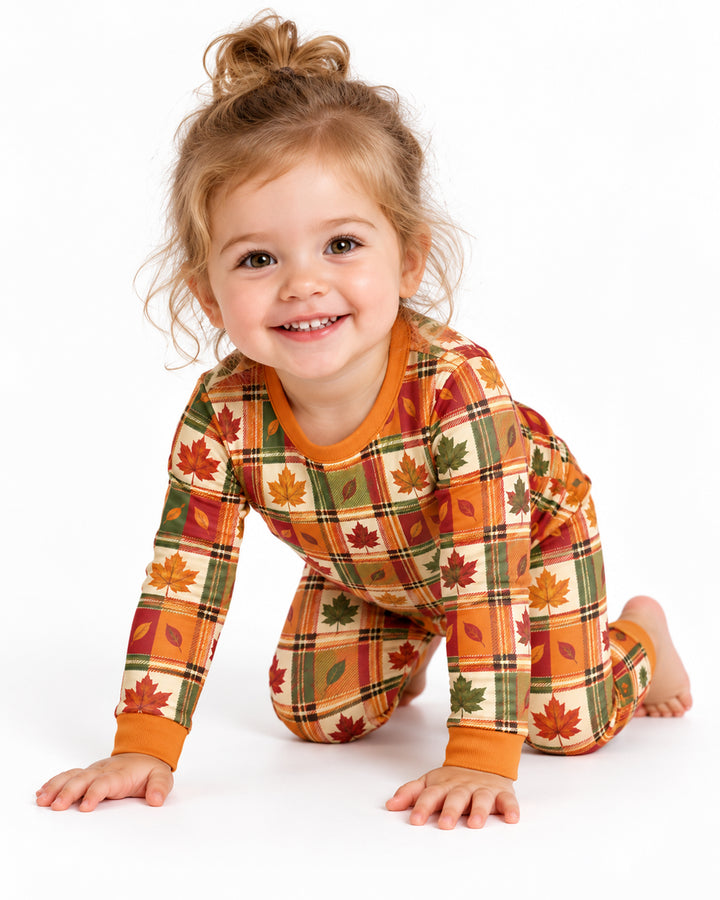 Maple Leaf Fall Vintage Plaid Bamboo Two Piece Long Sleeve Pajama Set