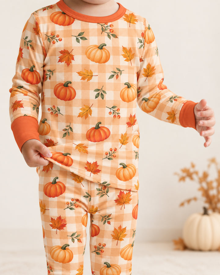 Cute Fall Pumpkin Leaves Gingham Bamboo Two Piece Long Sleeve Pajama Set