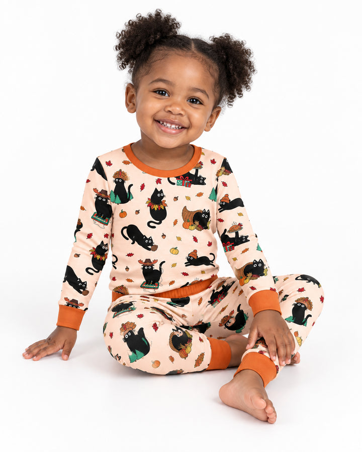 Cozy Cat On Thanksgiving Bamboo Two Piece Long Sleeve Pajama Set