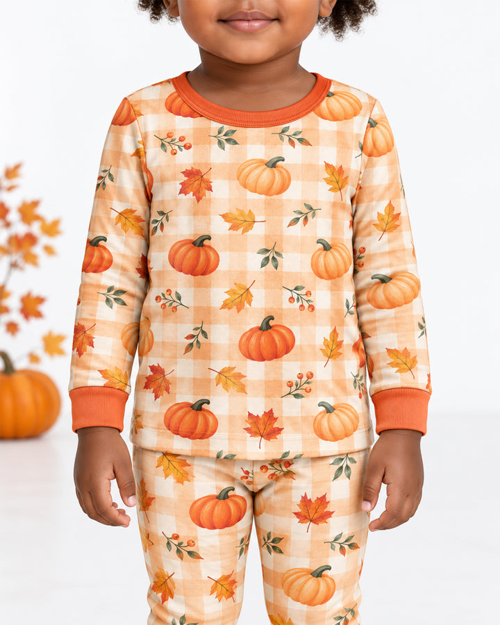 Cute Fall Pumpkin Leaves Gingham Bamboo Two Piece Long Sleeve Pajama Set