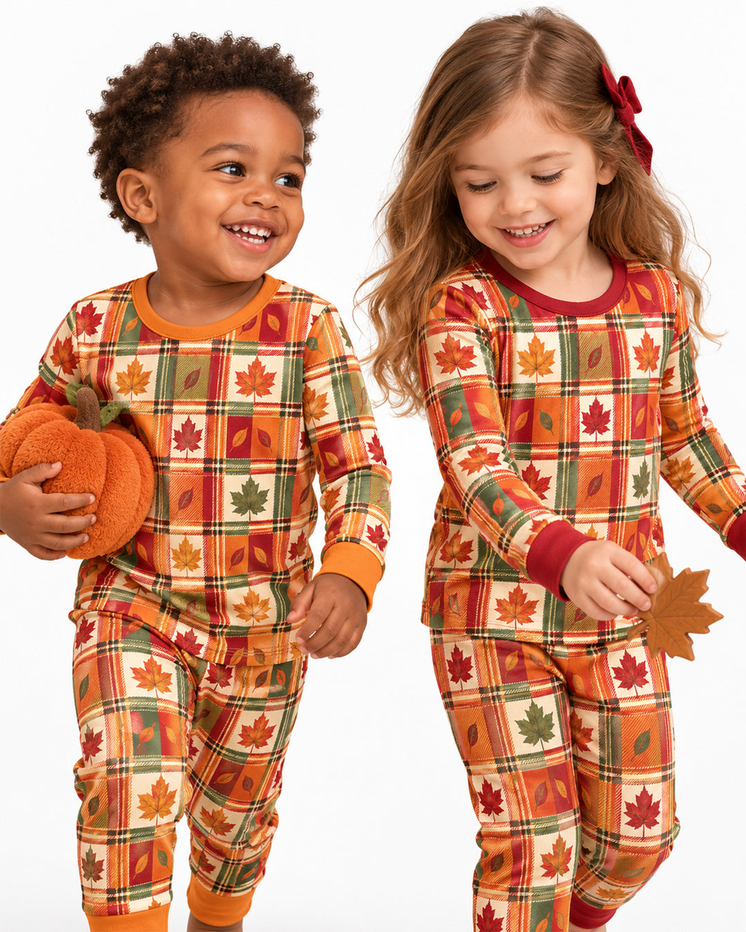 Maple Leaf Fall Vintage Plaid Bamboo Two Piece Long Sleeve Pajama Set