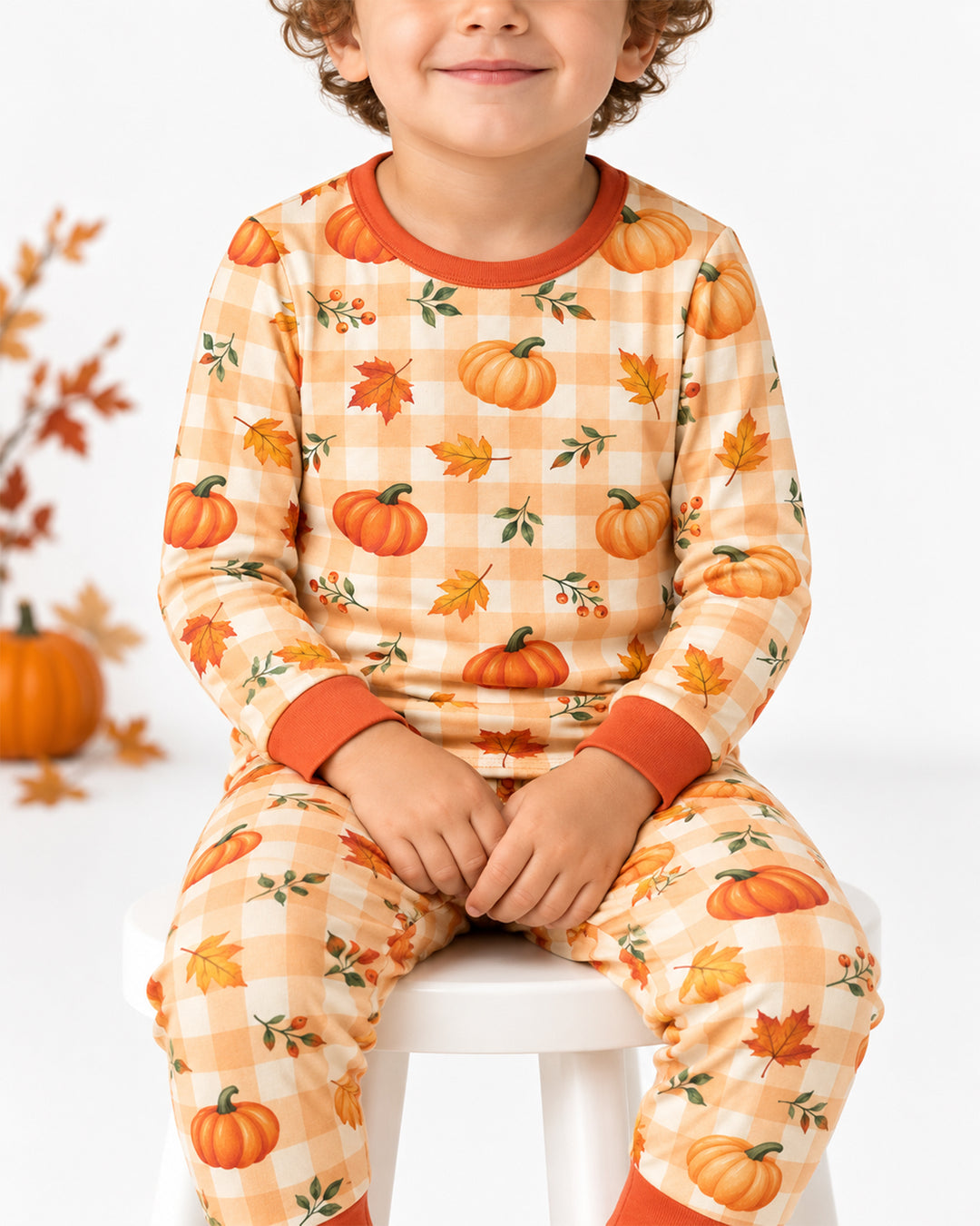 Cute Fall Pumpkin Leaves Gingham Bamboo Two Piece Long Sleeve Pajama Set