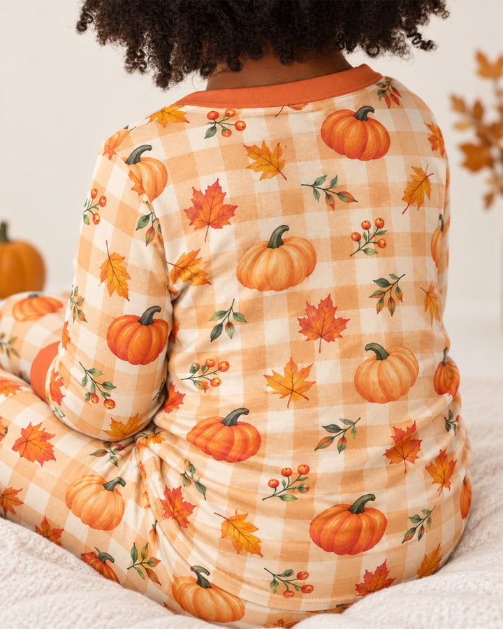 Cute Fall Pumpkin Leaves Gingham Bamboo Two Piece Long Sleeve Pajama Set