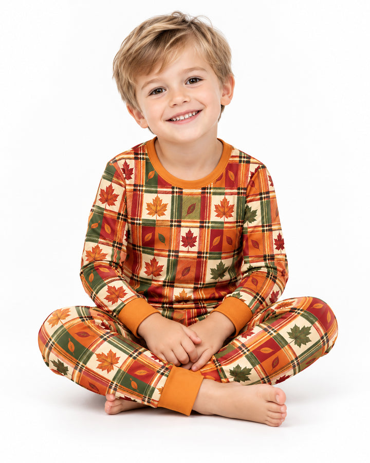 Maple Leaf Fall Vintage Plaid Bamboo Two Piece Long Sleeve Pajama Set