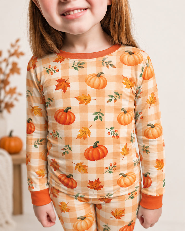 Cute Fall Pumpkin Leaves Gingham Bamboo Two Piece Long Sleeve Pajama Set