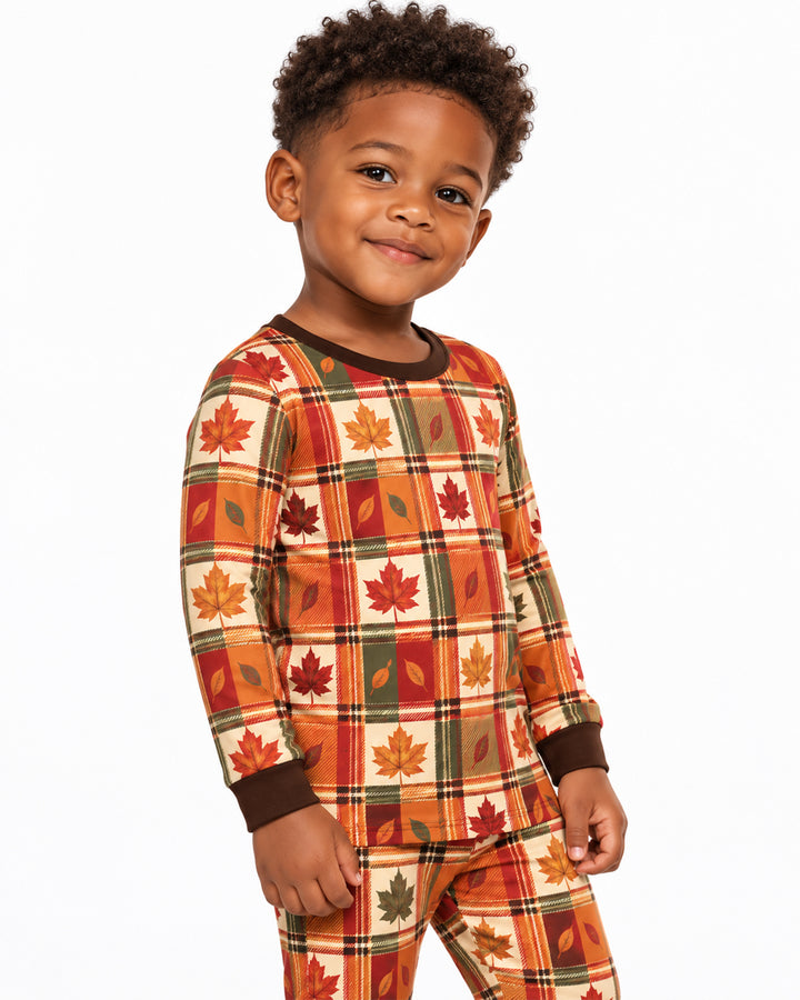 Maple Leaf Fall Vintage Plaid Bamboo Two Piece Long Sleeve Pajama Set