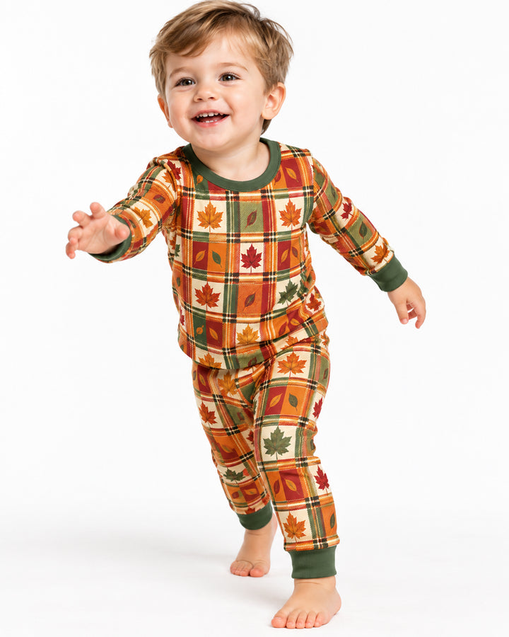 Maple Leaf Fall Vintage Plaid Bamboo Two Piece Long Sleeve Pajama Set