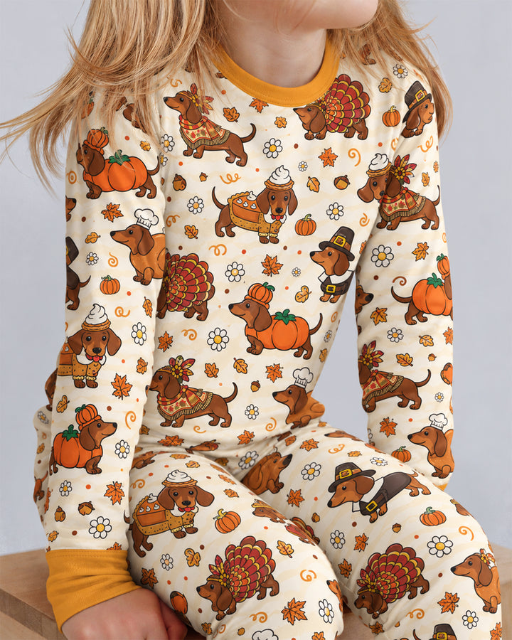 Thanksgiving Dachshund Bamboo Two Piece Long Sleeve Pajama Set