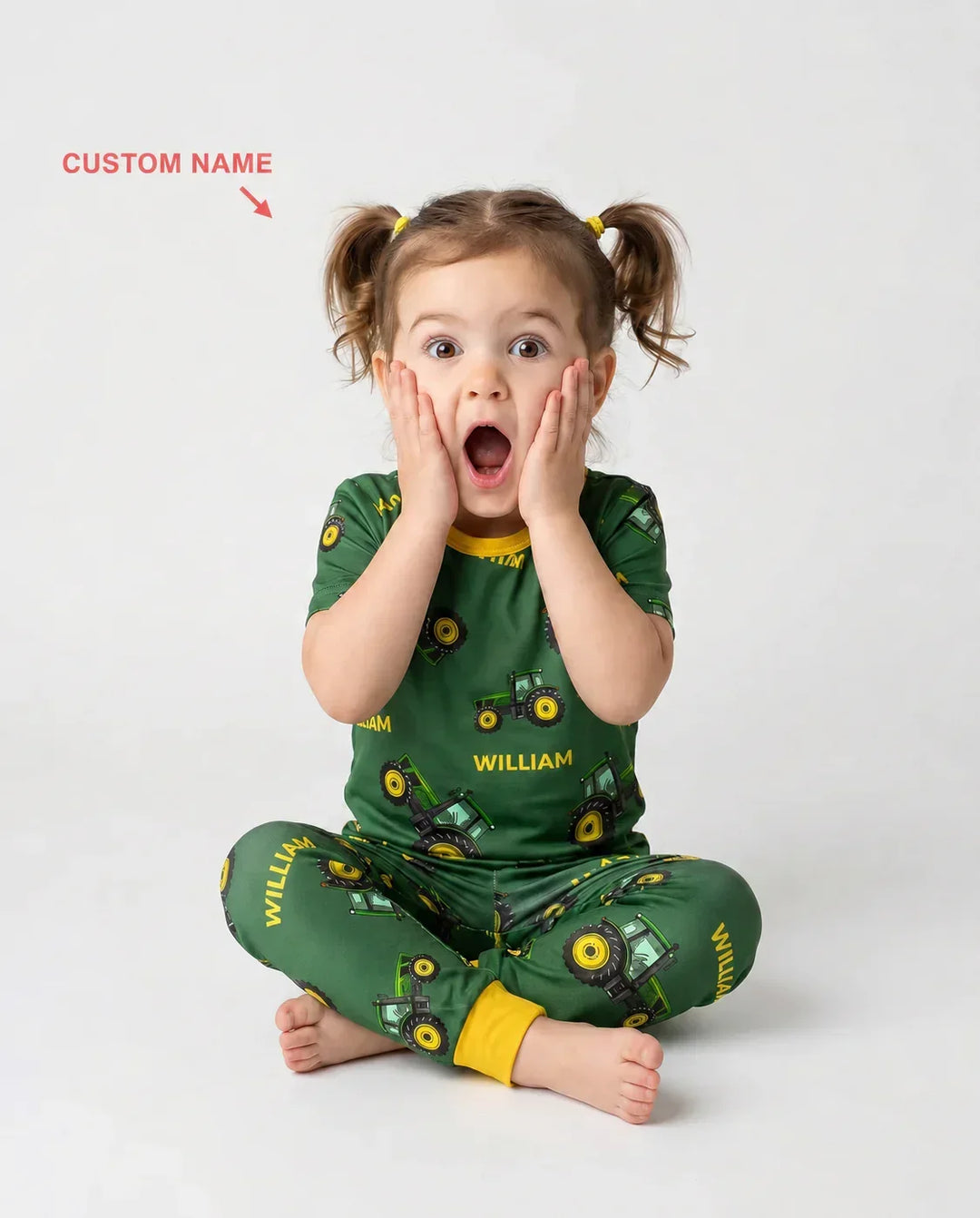 Custom Name Green Tractors Matching Daddy & Me Bamboo Two Piece Short Sleeve Pajama Set