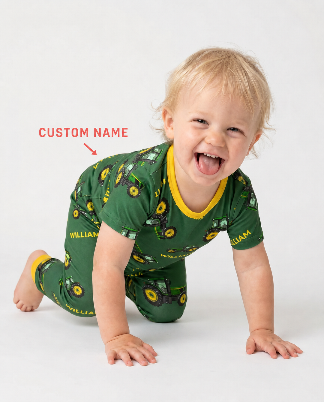Custom Name Green Tractors Matching Daddy & Me Bamboo Two Piece Short Sleeve Pajama Set