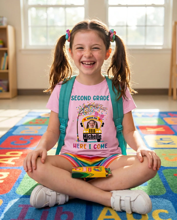 Custom Photo Here I Come School Bus Bamboo Crewneck T-Shirt