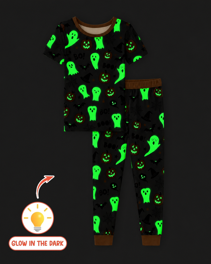 Halloween Boo & Pumpkin Glow In The Dark Bamboo Two Piece Short Sleeve Pyjamas Set