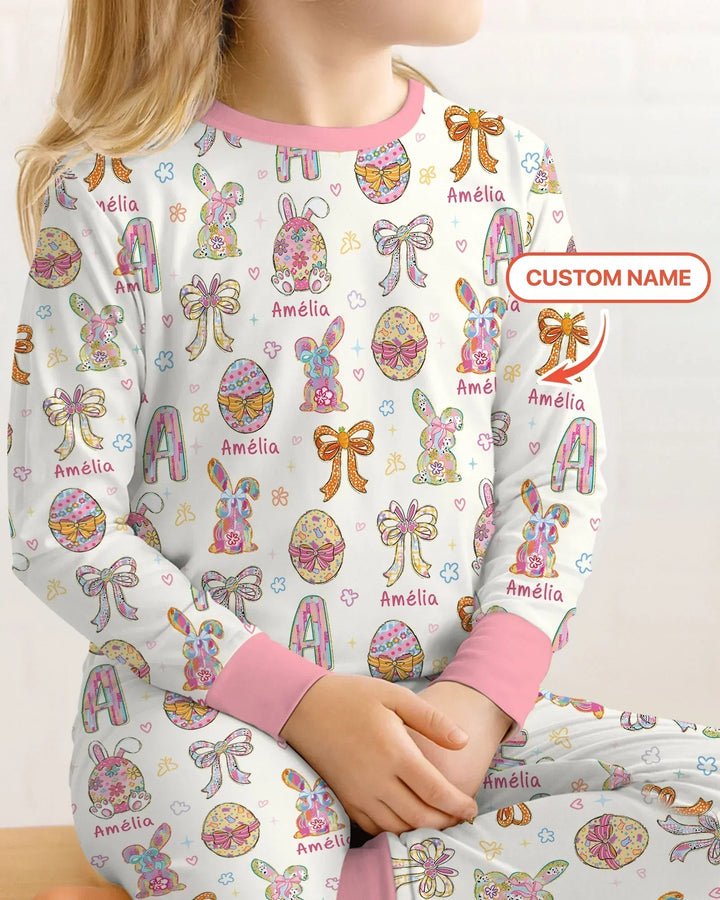 Happy Easter Custom Name Bamboo Two Piece Long Sleeve Pajama Set