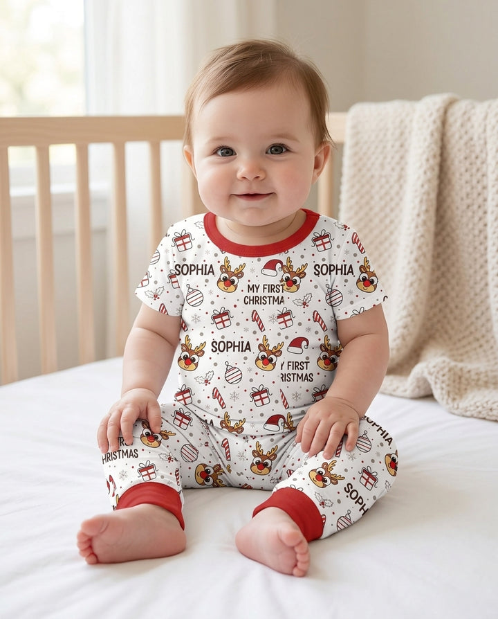Custom Name Reindeer Doodle My First Christmas Bamboo Two Piece Short Sleeve Pajama Set