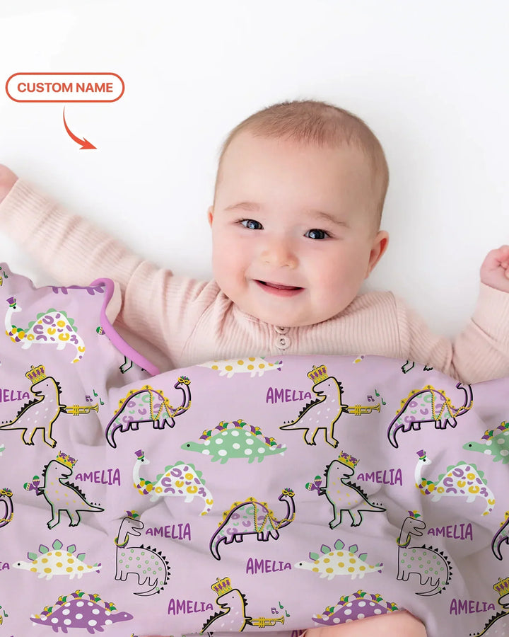 Custom Name Mardi Gras Saurus Bamboo Blanket