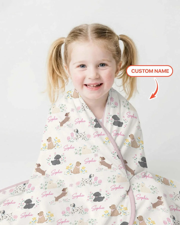 Custom Name Flower Dogs Bamboo Blanket