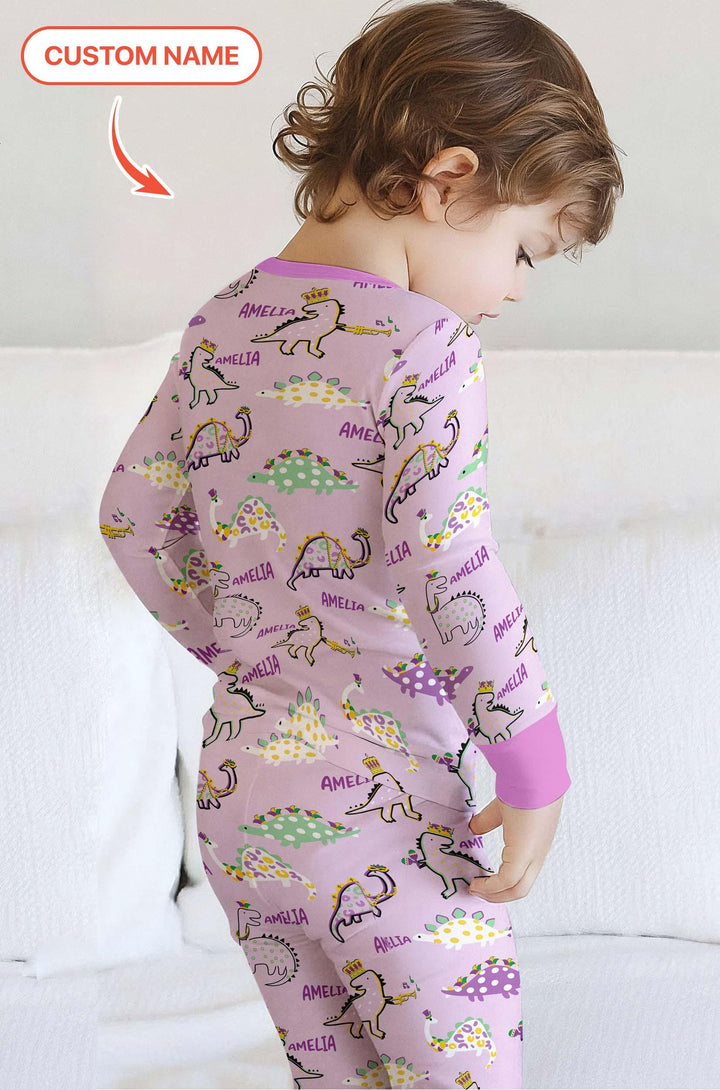 Custom Name Mardi Gras Saurus Bamboo Two Piece Long Sleeve Pajama Set
