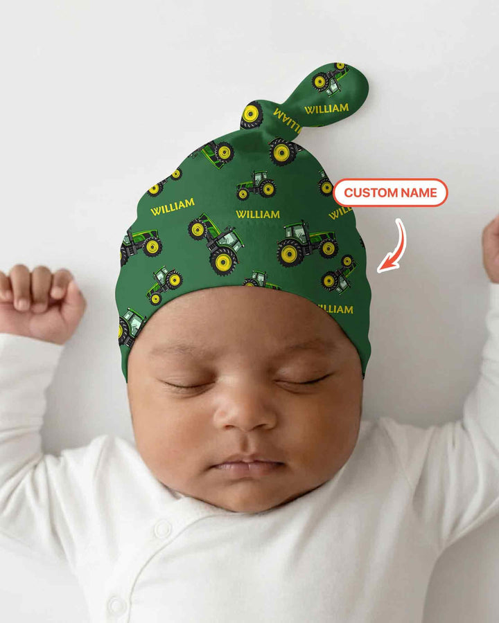 Custom Name Green Tractors Matching Daddy & Me Bamboo Knotted Hat