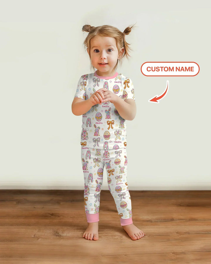 Happy Easter Custom Name Bamboo Two Piece Short Sleeve Pajama Set