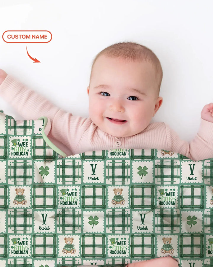 Custom Name Teddy Bear Gingham St. Patrick's Day Bamboo Blanket