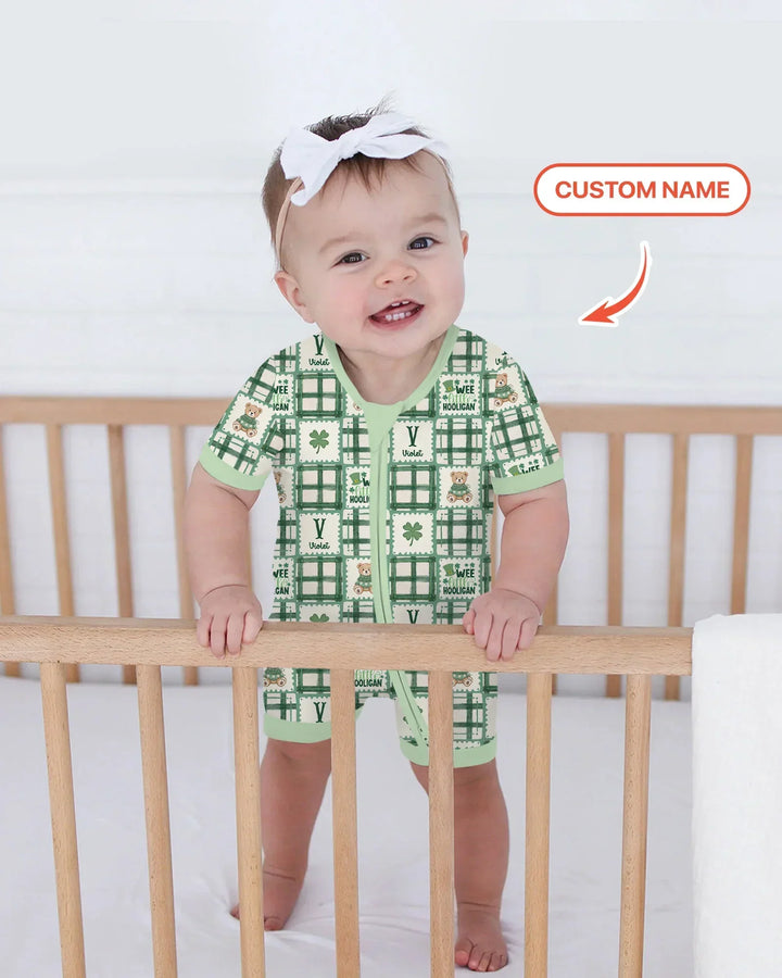 Custom Name Teddy Bear Gingham St. Patrick's Day Bamboo Shorty Zippy
