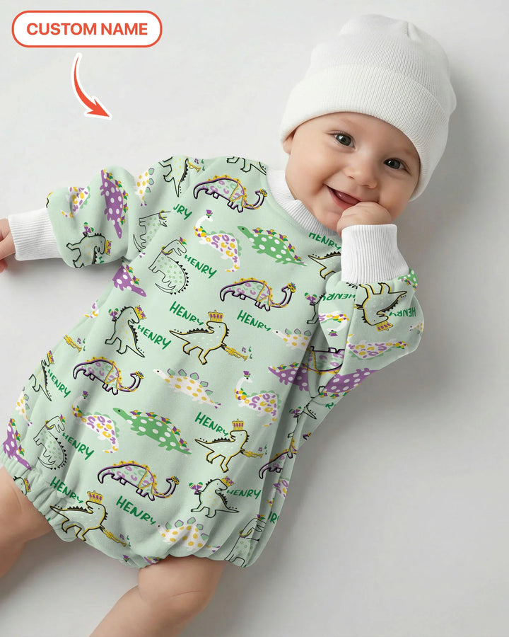 Custom Name Mardi Gras Saurus Bamboo Bubble Romper