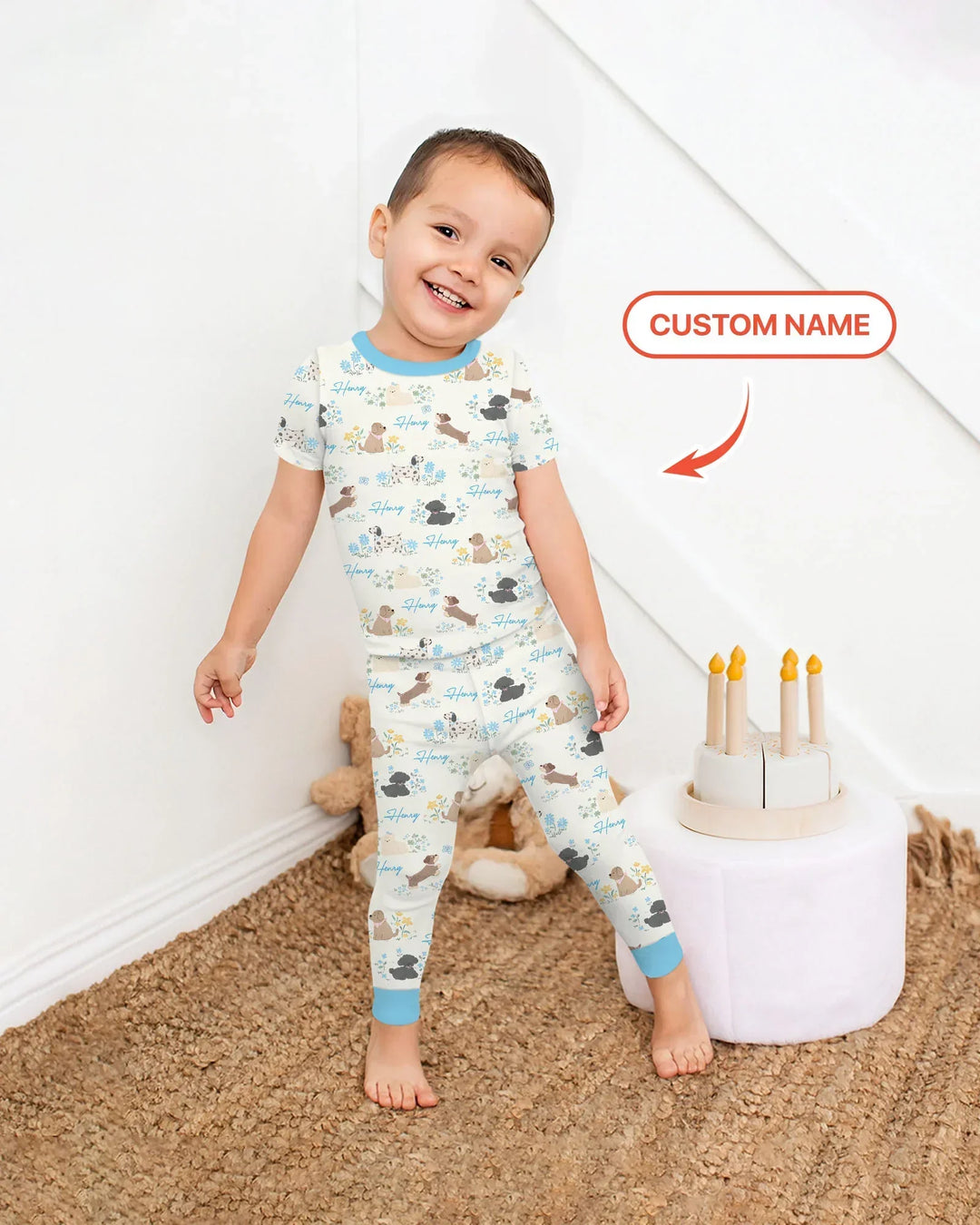 Custom Name Flower Dogs Bamboo Two Piece Short Sleeve Pajama Set
