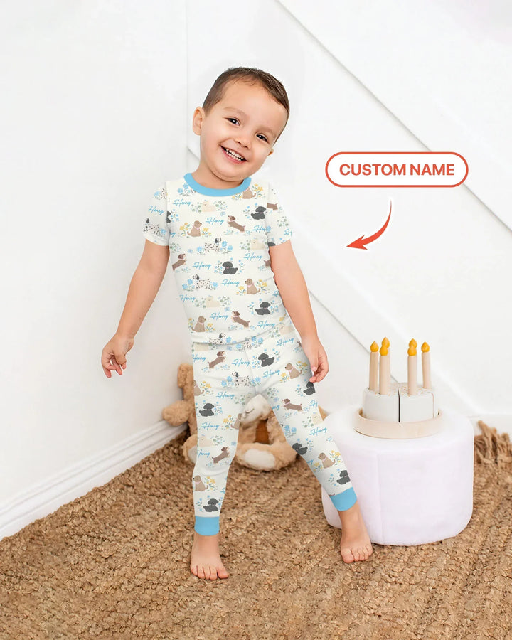 Custom Name Flower Dogs Bamboo Two Piece Short Sleeve Pajama Set