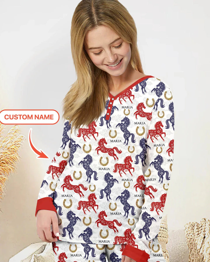 Custom Name Chinoiserie Horses Bamboo Women Pajama Set