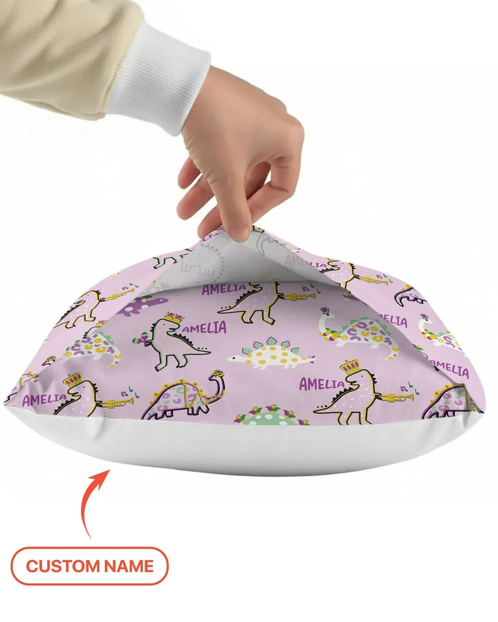 Custom Name Mardi Gras Saurus Bamboo Pillow Case