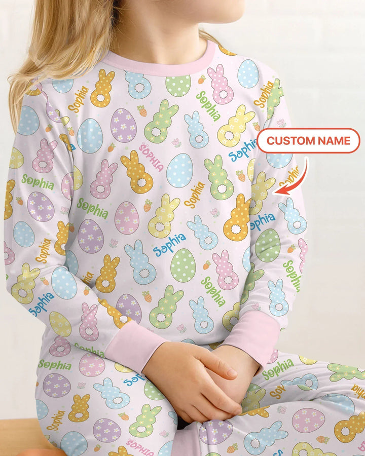 Custom Name Spring Pastel Easter Bamboo Two Piece Long Sleeve Pajama Set