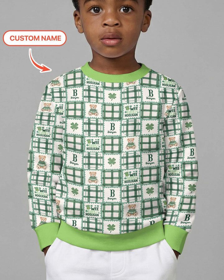 Custom Name Teddy Bear Gingham St. Patrick's Day Bamboo Crewneck Sweatshirt