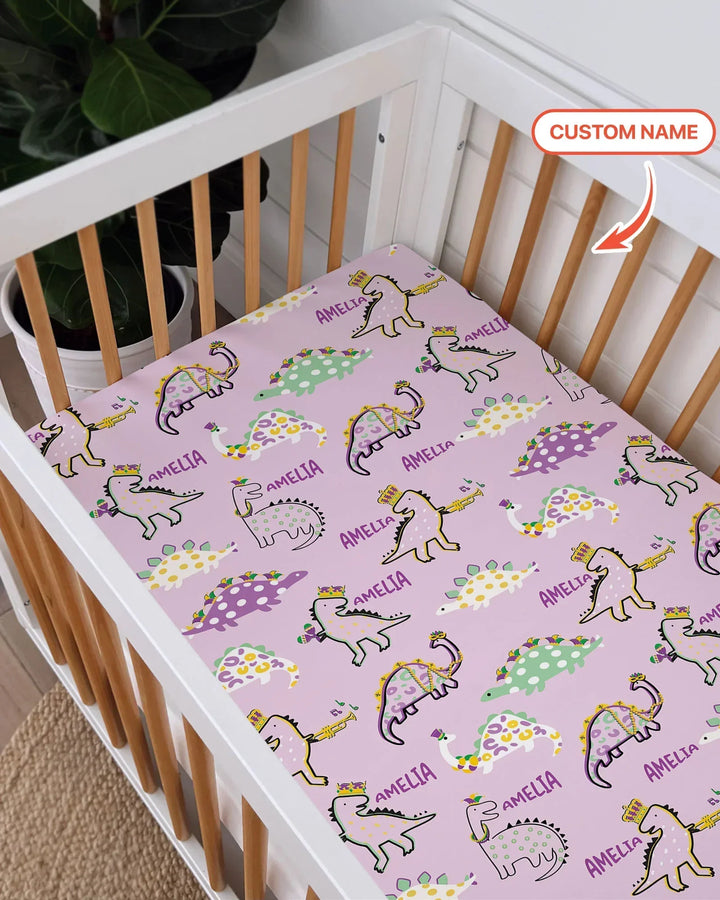 Custom Name Mardi Gras Saurus Bamboo Fitted Crib Sheet