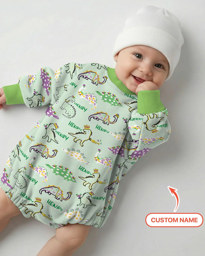 Custom Name Mardi Gras Saurus Bamboo Bubble Romper