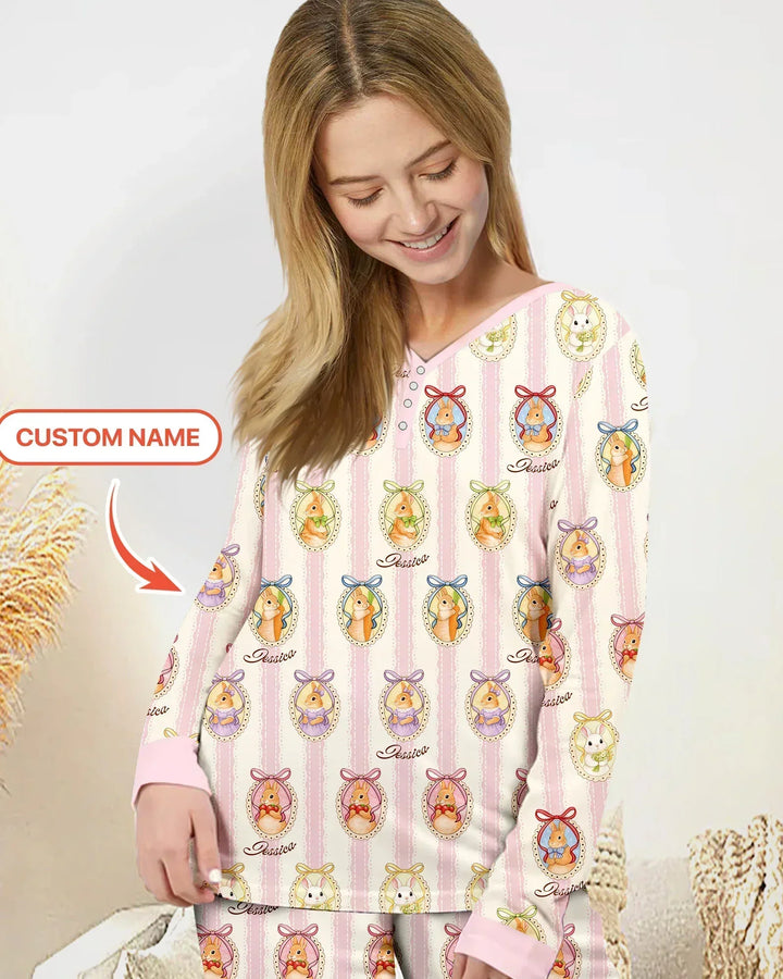 Custom Name Vintage Easter Bunny Bamboo Women Pajama Set