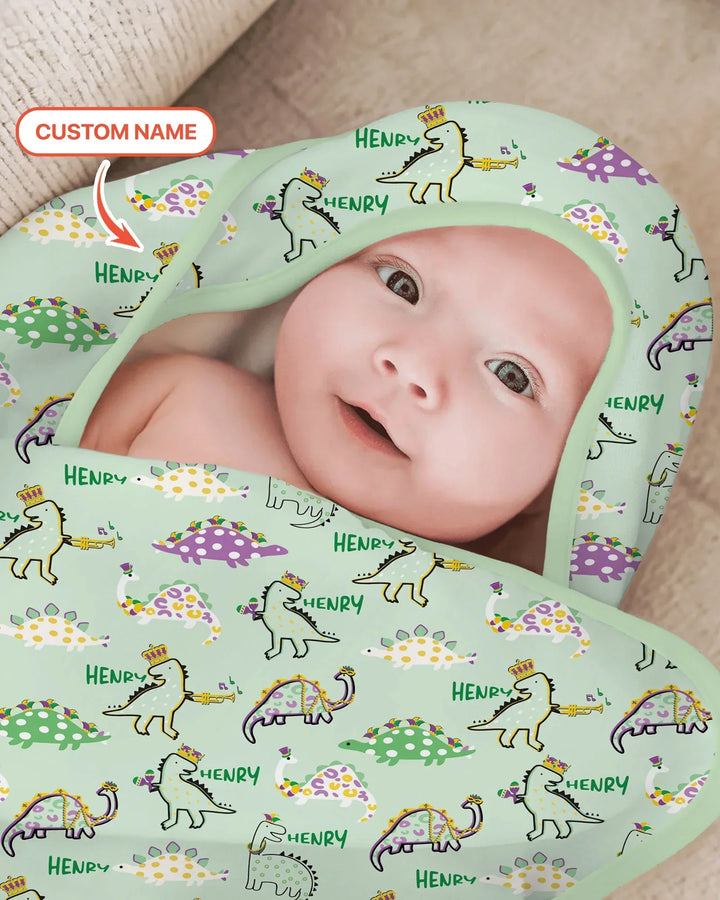 Custom Name Mardi Gras Saurus Hooded Bamboo Towel Set