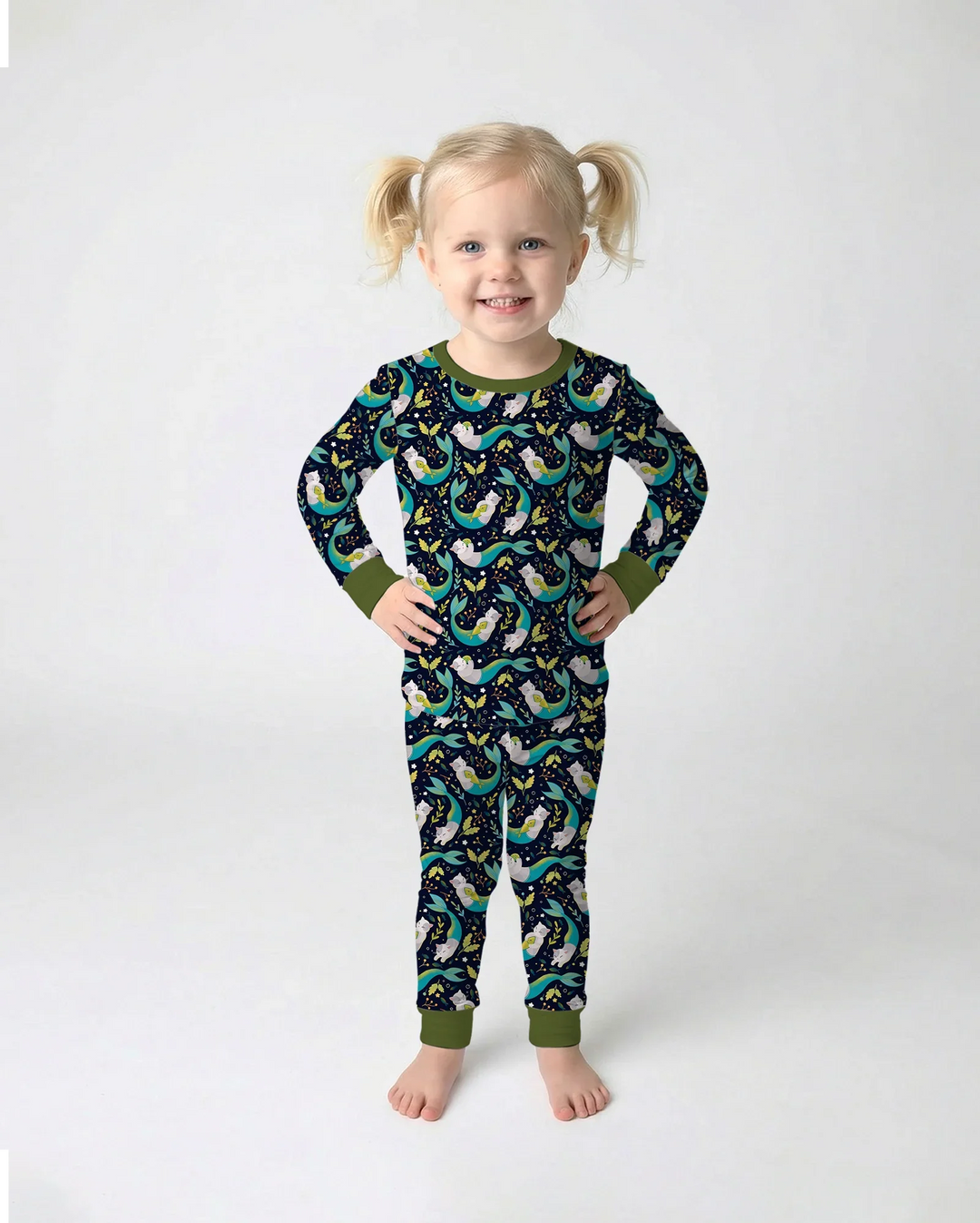 Midnight Mermaid Cats Bamboo Two Piece Long Sleeve Pajama Set