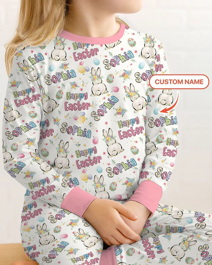 Personalized Happy Easter Bunny Bamboo Two Piece Long Sleeve Pajama Set