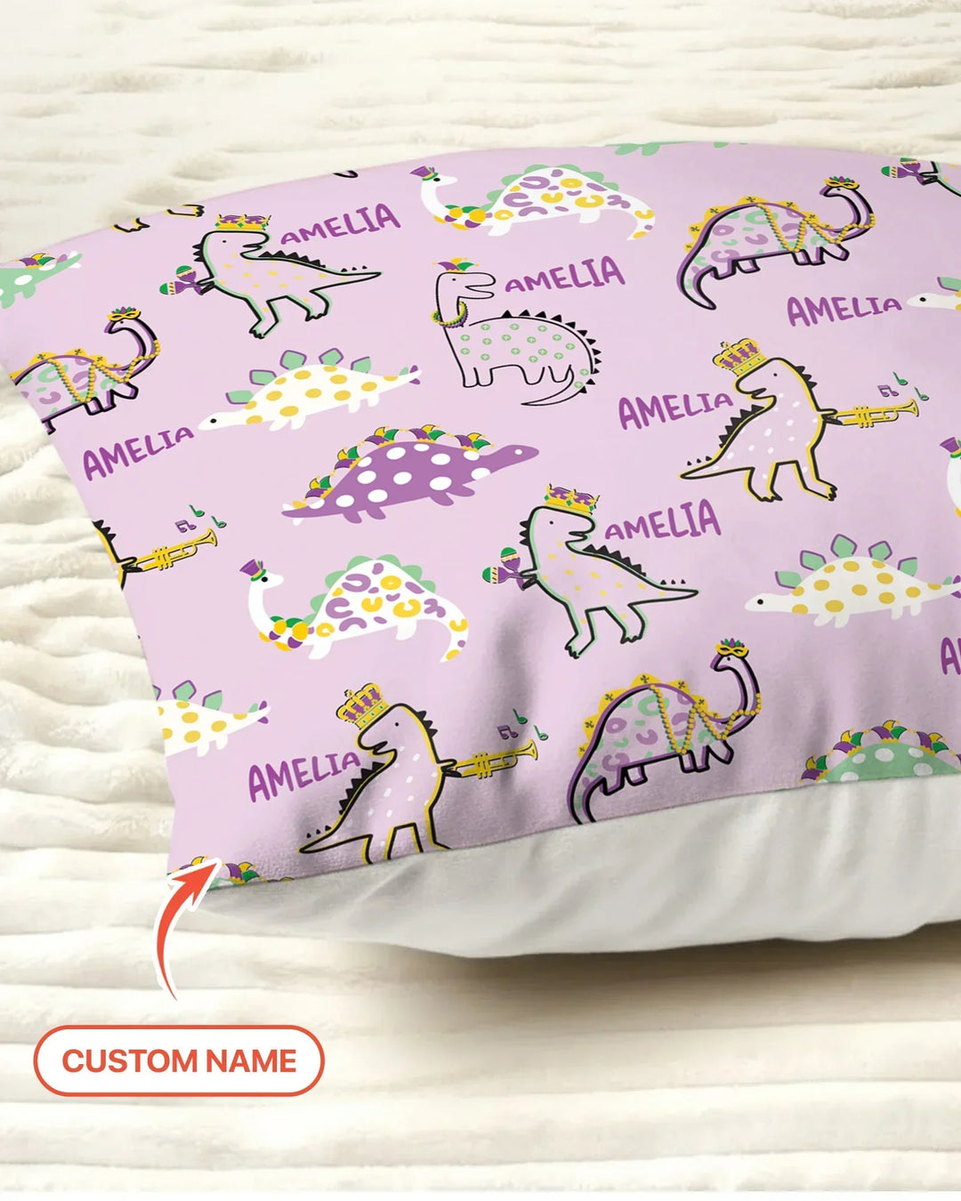 Custom Name Mardi Gras Saurus Bamboo Pillow Case