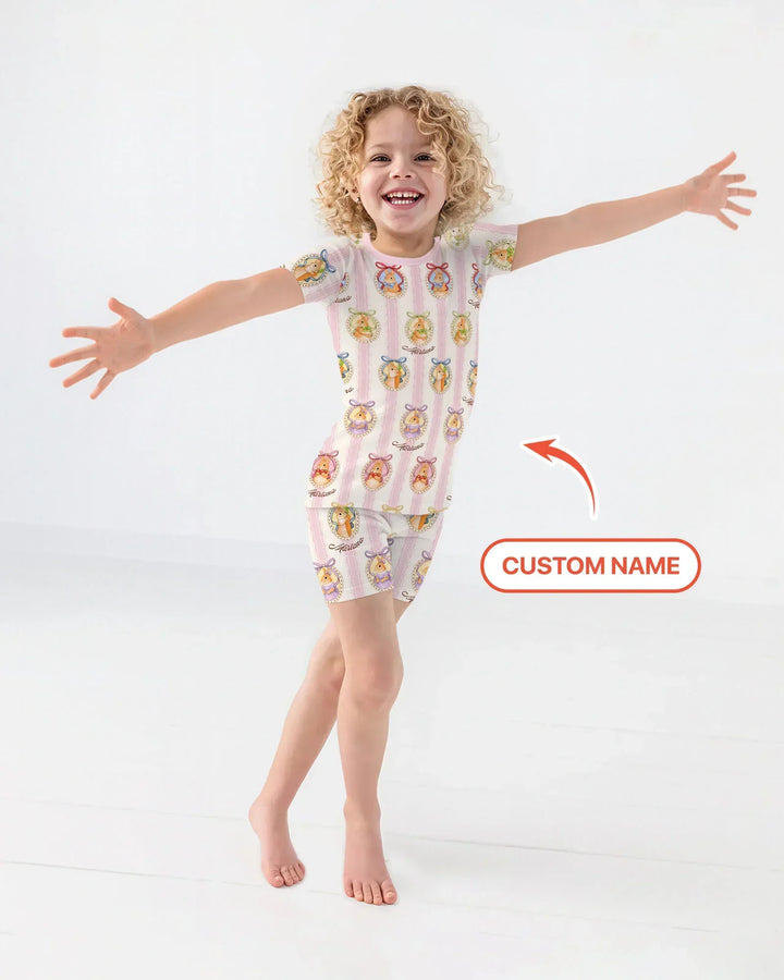 Custom Name Vintage Easter Bunny Bamboo Two Piece Short Sleeve Shorts Pajama Set