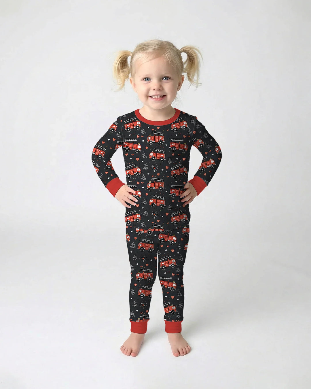 Valentine Fire Trucks Bamboo Two Piece Long Sleeve Pajama Set