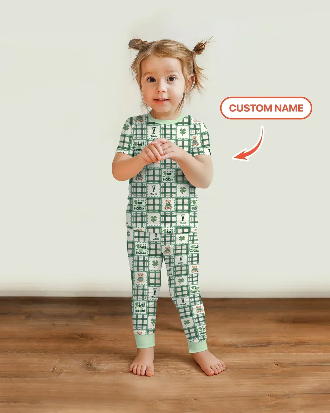 Custom Name Teddy Bear Gingham St. Patrick's Day Bamboo Two Piece Short Sleeve Pajama Set