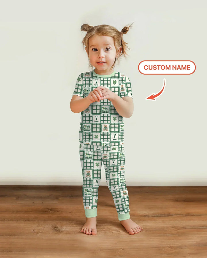 Custom Name Teddy Bear Gingham St. Patrick's Day Bamboo Two Piece Short Sleeve Pajama Set