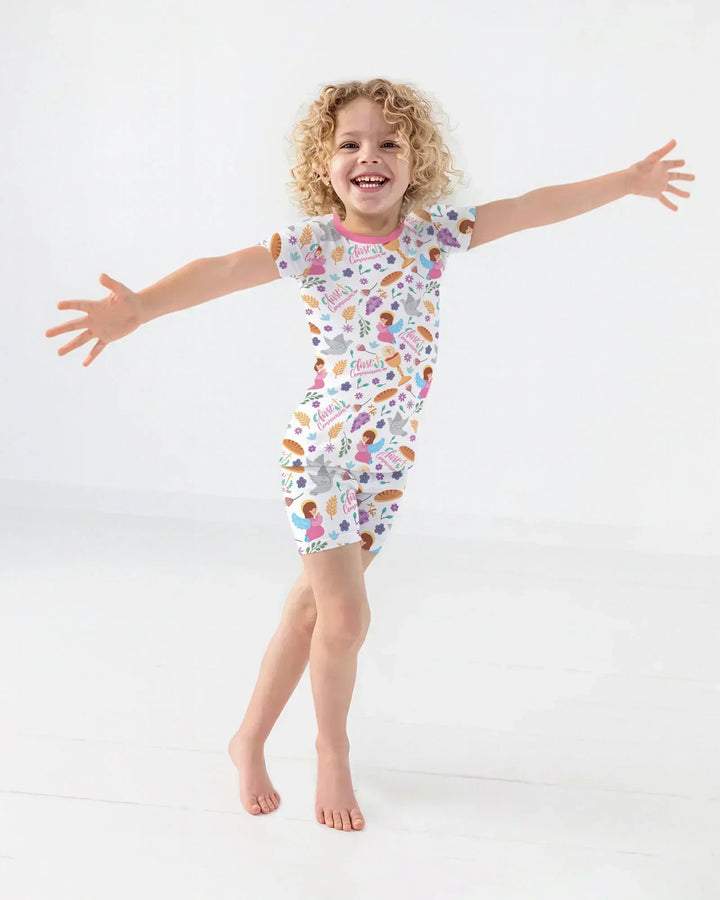 First Communion Bamboo Two Piece Short Sleeve Shorts Pajama Set