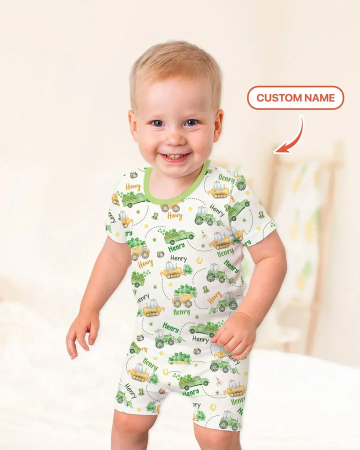 Construction St. Patrick's Day Custom Name Bamboo Two Piece Short Sleeve Shorts Pajama Set